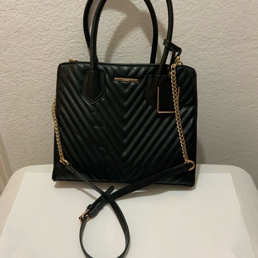 Aldo Womens Satchel Handbag Black Pockets Dual Handle Chain Zipper Faux Leather - Picture 2 of 16